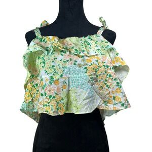 Moa Moa Yellow Green Floral Ruffle Crop Top Tie Strap Med NWT spring beach fairy